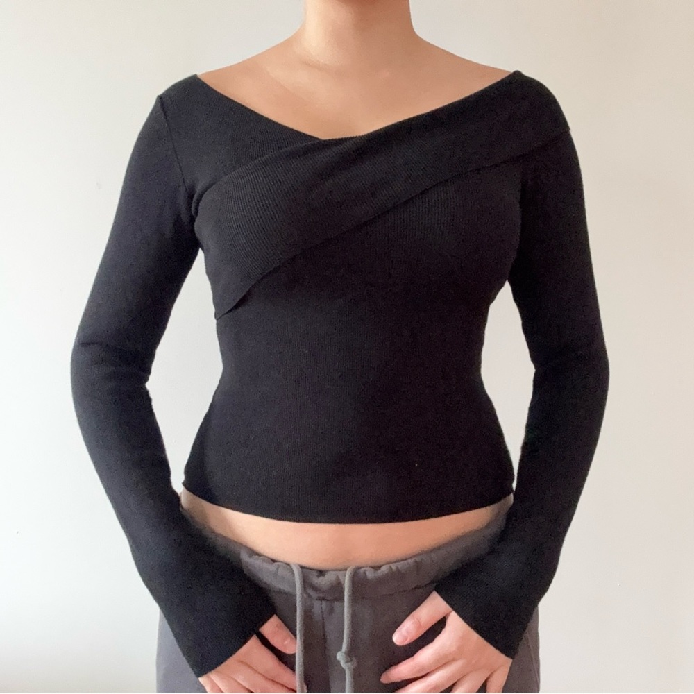 LF Seek Black Off Shoulder Fold Over V Neck Fitted Ribbed Long Sleeve Shirt